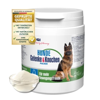 Behälter mit GIGI Hunde Gelenke & Knochen Pulver für Hunde, mit einem Deutschen Schäferhund auf dem Etikett und GMP-Zertifizierungsabzeichen.