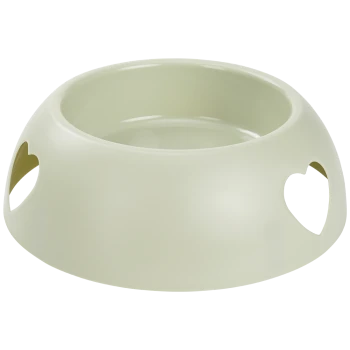 Light green pet food bowl with heart-shaped cutouts on the sides, designed for easy handling and feeding.