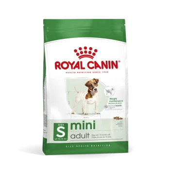 Sac de nourriture pour chiens Royal Canin Mini Adult, présentant un petit chien sur le devant, étiqueté pour les chiens de plus de 10 mois, avec "Entretien du poids" mis en avant.