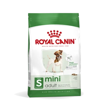 Sac de nourriture pour chiens Royal Canin Mini Adult, présentant un petit chien sur le devant, étiqueté pour les chiens de plus de 10 mois, avec "Entretien du poids" mis en avant.