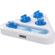Interactive pet puzzle feeder in a triangular shape, featuring four blue sliding lids and a "FIT+FUN" logo.