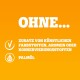 Oranger Hintergrund mit fettgedrucktem weißen Text: "OHNE ZUSATZ VON KÜNSTLICHEN FARBSTOFFEN, AROMEN, KONSERVIERUNGSSTOFFEN, PALMÖL" und Icons für keine Zusatzstoffe.