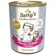 Dose von Betty's Landhausküche Katzenfutter, mit einer Kochillustration, beschriftet "Hühnchen mit Kürbis & Lachsöl" für Seniorenkatzen.