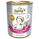 Dose von Betty's Landhausküche Katzenfutter, mit einer Kochillustration, beschriftet "Hühnchen mit Kürbis & Lachsöl" für Seniorenkatzen.