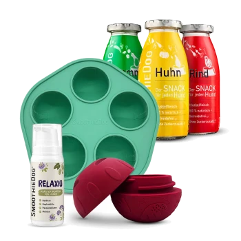SmoothieDog-Set für Haustiere: grüne 6-Fach-Silikonform, Relaxio-Pumpflasche, rotes Leckerpuzzle, Flaschen mit den Aufschriften 'Huhn' und 'Rind'.