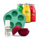 SmoothieDog-Set für Haustiere: grüne 6-Fach-Silikonform, Relaxio-Pumpflasche, rotes Leckerpuzzle, Flaschen mit den Aufschriften 'Huhn' und 'Rind'.