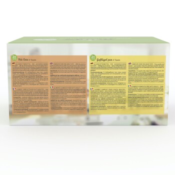 Verpackung für Katzenfutter mit zwei Geschmacksrichtungen: Ente mit Taurin und Geflügel mit Taurin. Enthält Nährwertinformationen in mehreren Sprachen.