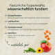 Deutsches Plakat: 'Natürliche Superkräfte, wissenschaftlich fundiert' mit Zutatenliste und Bildern von Erbsen, Apfel und Sonnenblume.