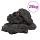 Ein Haufen schwarzer Vulkangesteine, beschriftet mit "25kg" in einem lila Kreis, geeignet für die Dekoration von Aquarien oder Terrarien.