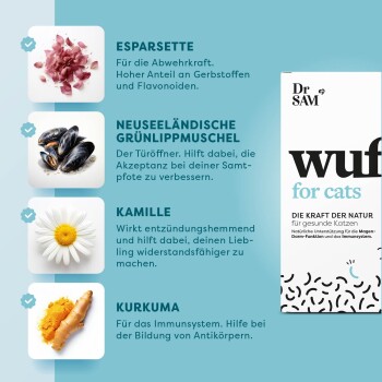 Produkt für Katzen von "Dr. SAM" mit dem Titel "wuff für Katzen", das vier gesundheitsfördernde Zutaten hervorhebt.
