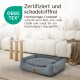 Hundebett aus hochwertigem Kordstoff, mit stilvollem Design, mit Text, der auf die Oeko-Tex-Zertifizierung und Sicherheit hinweist.