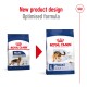 Comparison of Royal Canin dog food packaging: old design on the left, new design on the right labeled "New product design" and "Optimised formula."
