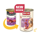 Zwei Dosen Animonda GranCarno Adult Hundefutter, Rind- und Lammgeschmack, zeigen altes und neues Design mit einem „NEUES DESIGN“-Label.