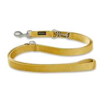 Gelbe verstellbare Hundeleine mit Metallclip und Ring, mit „Wolters“-Markenetikett auf schwarzem Hintergrund.