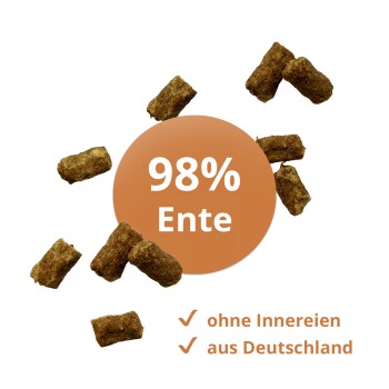 Braune Enten-Kibble-Pellets um einen orangefarbenen Kreis mit der Aufschrift '98% Ente', Häkchen mit 'ohne Innereien' und 'aus Deutschland'