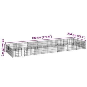 Ein großes schwarzes Haustiergehege mit beschrifteten Abmessungen: 700 cm (275,6") lang, 200 cm (78,7") breit und 70 cm (27,6") hoch.