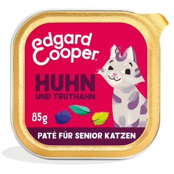 Nassfutter Katze Senior Paté Truthahn und Huhn 16x85 g Edgard Cooper Katzenfutterpaté für Seniorenkatzen, mit Huhn und Truthahn, in einem 85g Behälter mit goldener Umrandung und einer verspielten Katzenillustration.