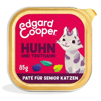 Edgard Cooper Katzenfutterpaté für Seniorenkatzen, mit Huhn und Truthahn, in einem 85g Behälter mit goldener Umrandung und einer verspielten Katzenillustration.