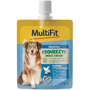 MultiFit SQUEEZY snack cream pouch for dogs, chicken with coconut (Huhn mit Kokosnuss), image of happy dog, 60 g