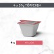Weißer Portionsbecher für Tiernahrung mit rotem Foliendeckel; sichtbarer Text '4 x 57g TÖPFCHEN' und '4 x MIT LACHS'.