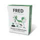 Karton mit Hundefutter mit der Aufschrift "FRED" in grünem Design, Cartoon-Hund und Text: "Hirsch & Wildschwein mit Hirse, Steckrüben und Apfel."