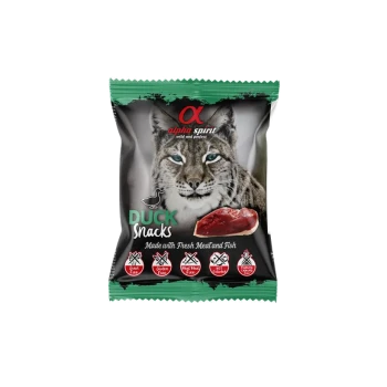 Alpha Spirit 'Duck Snacks' Tüte mit Wildkatzen-Gesicht und roher Ente; Text: 'Alpha Spirit', 'DUCK Snacks', 'Hergestellt mit frischem Fleisch und Fisch'
