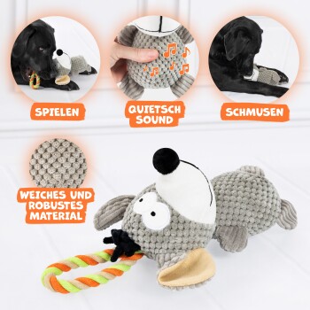 Ein verspieltes Hundespielzeug in Form eines Cartoon-Hundes, mit einem Quietscher, buntem Seil und Text, der sein weiches, langlebiges Material und die Spielmerkmale hervorhebt.