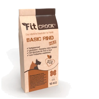 Hundefutterbeutel mit der Aufschrift "Fit CROCK Basic Rind MAXI," mit glutenfreien, kaltgepressten Rezeptdetails und 10 KG Gewicht.