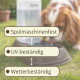 Hund trinkt aus einem Außentrinker, überlagerte Beschriftungen: 'Spülmaschinenfest', 'UV-beständig', 'Wetterbeständig'.