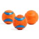 Drei orangefarbene Chuckit! Hundebälle mit blauen Akzenten, entworfen zum Apportieren und Kauen, auf weißem Hintergrund.