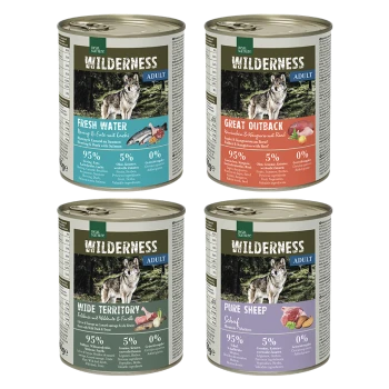 Quatre boîtes Wilderness Adult (loup sur l'étiquette) ; saveurs : Fresh Water, Great Outback, Wide Territory, Pure Sheep.