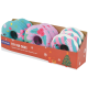 Boîte de jouets donut en peluche colorés pour chiens dans un présentoir de fête étiqueté "FIT+FUN" et "TOY FOR DOGS".