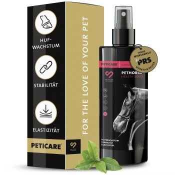 Schwarze Sprühflasche mit der Aufschrift "PETHORSE HEALTH 2007" mit Pferdebild und Siegel, das "Hohe Wirksamkeit PRS" für das Hufwachstum angibt.