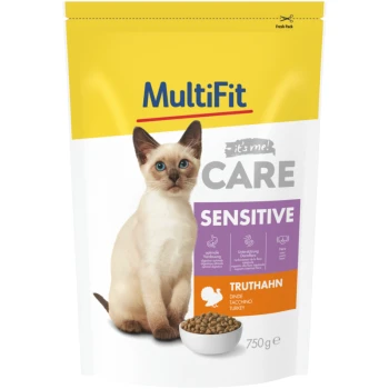 Emballage de nourriture pour chats MultiFit Care Sensitive, avec une image de chat, avec un bol de croquettes et un texte mettant en avant la dinde comme ingrédient principal.
