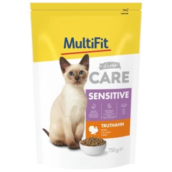 MultiFit Care Sensitive kattenvoer verpakking, met een kattenafbeelding, een kom met brokjes en tekst die kalkoen als het belangrijkste ingrediënt benadrukt.