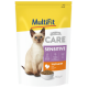 MultiFit Care Sensitive Katzenfutterverpackung mit einem Katzenbild, einer Schüssel mit Trockenfutter und Text, der Truthahn als Hauptzutat hervorhebt.