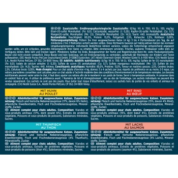 Emballage de nourriture pour animaux de compagnie pour chats adultes avec quatre saveurs : poulet, thon, bœuf et saumon. Ingrédients et informations nutritionnelles en allemand et en français.