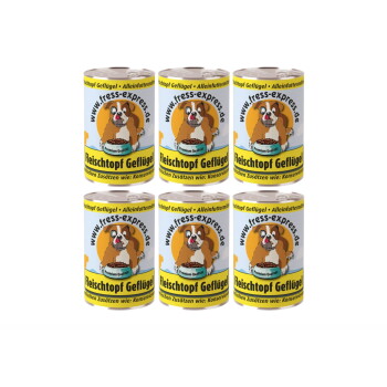 Sechs Dosen Hundefutter mit der Aufschrift „Fleischtopf Geflügel“, mit Cartoon-Hund und „www.fress-express.de“.
