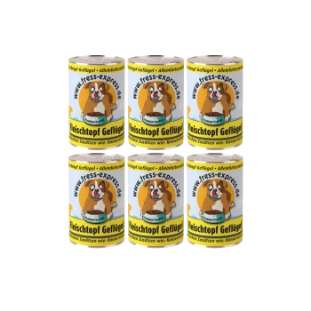 Sechs Dosen Hundefutter mit der Aufschrift „Fleischtopf Geflügel“, mit Cartoon-Hund und „www.fress-express.de“.