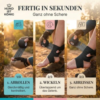 Eine Hand hält einen schwarzen elastischen Verband mit einer Box von einzeln verpackten Verbänden dahinter. Text: "EINZELN LUFTDICHT VERPACKT."