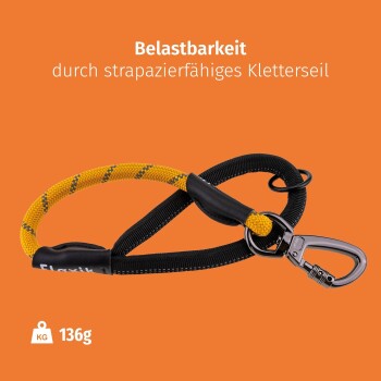 Haltbare schwarze und gelbe Kletterseil-Leine mit Metallclip, mit dem Hinweis "Belastbarkeit durch strapazierfähiges Kletterseil," Gewicht 136g.