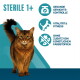 Braune langhaarige Katze; deutsches Etikett 'STERILE 1+' und Symbole für Gewichtskontrolle, Vitalität und keine künstlichen Farbstoffe.