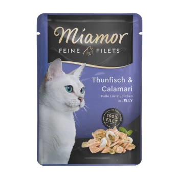 Haustierfutterbeutel mit einer weißen Katze und blauen Augen, beschriftet mit "Miamor Feine Filets Thunfisch & Calamari" und "100% Filet."