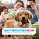 Golden-Retriever-Welpe hält ein Plüschtier, unscharfe Familie im Hintergrund; überlagerter Text: 'LEICHTGEWICHTIGES DESIGN'.