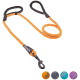 Orangefarbene Hundeleine mit reflektierenden Nähten, mit einem schwarzen Clip und Griff, sowie Farboptionen in Lila, Teal, Grau und Schwarz.