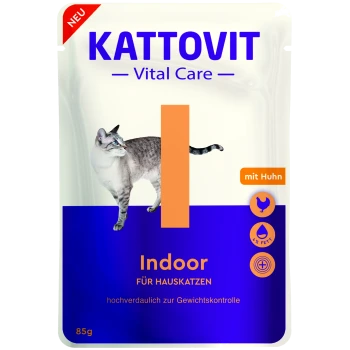 KATTOVIT Vital Care Beutel – Indoor für Hauskatzen, 85 g, mit Huhn, blau-orange Verpackung mit grauer getigerter Katze