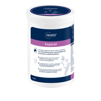 Behälter mit Navalis Heparal Pellets, ein Nahrungsergänzungsmittel zur Unterstützung der Leberfunktion bei Pferden und Equiden, mit mehrsprachigem Text.