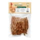 Hundesnacks in einer durchsichtigen Tüte, beschriftet mit "Knuffelwuff Hunde-Snacks," mit einer Hühnerillustration und dem Text "Unwiderstehlich lecker!"