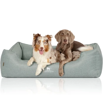 Orthopädisches Hundebett Luisa aus Velours mit feinem Handwebcharakter Sunshine Edition petrol XL Zwei Hunde, die zusammen auf einem weichen, grauen Hundebett liegen, mit dem Logo "KNUFFELWUFF" sichtbar auf der Vorderseite.