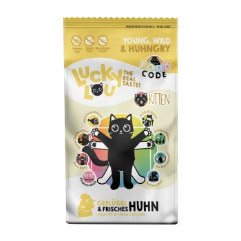 Katzenfutterverpackung mit einer verspielten Grafik einer schwarzen Katze, beschriftet mit "Lucky Lou" und den Texten "Young, Wild & Hungry" und "Kitten".